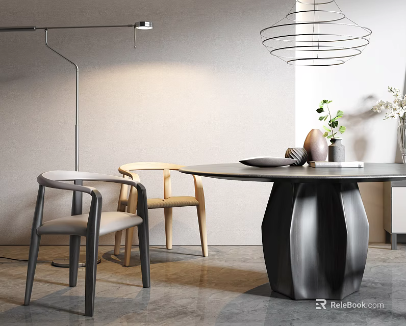 Modern Design Dining Table Set With Geometric Base Two Stylish Chairs And Pendant Light Decor 3d model 