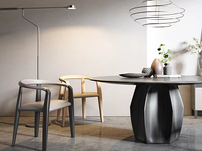 Modern Design Dining Table Set With Geometric Base Two Stylish Chairs And Pendant Light Decor 3d model