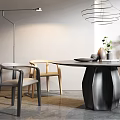 Modern Design Dining Table Set With Geometric Base Two Stylish Chairs And Pendant Light Decor 3d model