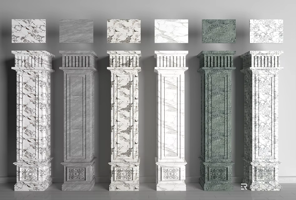 Decorative Roman Columns in White Gray Green Marble with Ornate Details Collection 3d model 