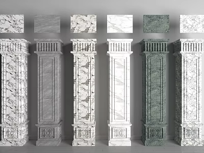 Decorative Roman Columns in White Gray Green Marble with Ornate Details Collection 3d model