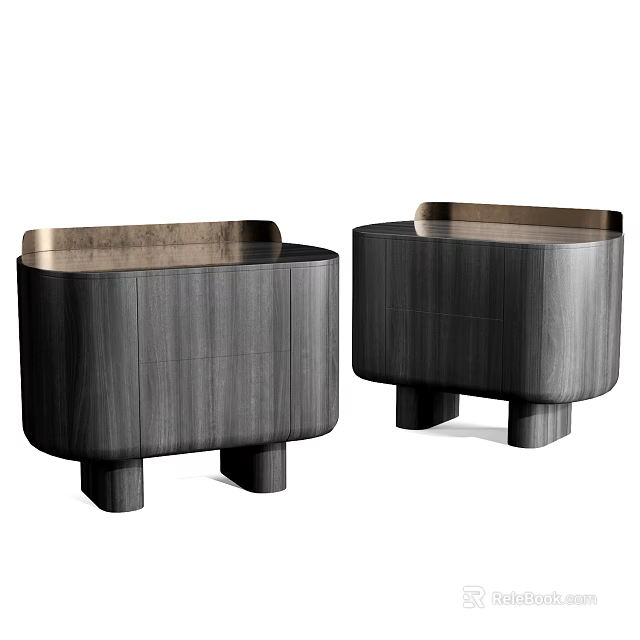 Pair of Modern Dark Wooden Nightstands With Metal Trim And Sleek Design 3d model 