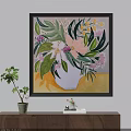Oil Painting Featuring White Vase With Pink Purple Flowers Green Leaves And Yellow Background