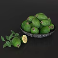Fresh Green Guavas in Bowl with Leaves and Sliced on Dark Background