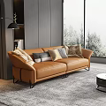 Brown Leather Two Seater Sofa With Multiple Cushions In Modern Living Room