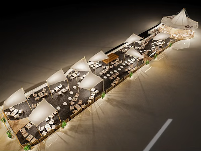 Scenic Camping Site With Well Lit Tents Outdoor Tables Seating Greenery And Cozy Vibe 3d model