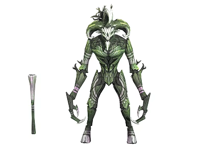 Fantasy Character And Plant Like Creature Featuring Green Exterior Horns Intricate Armor And Weapon 3d model
