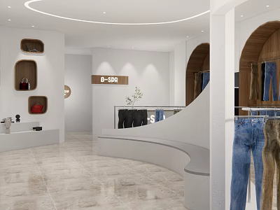 Modern Clothing Store Interior With Curved Design Jeans Hanging Racks And Green Plants 3d model