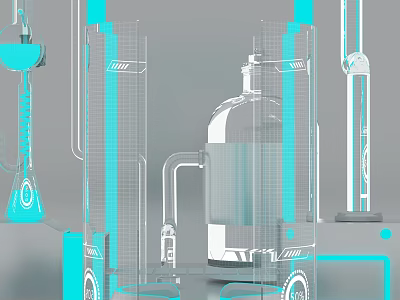 Modern Futuristic Artistic Installation With Transparent Glass Blue Lines And Lab Inspired Elements 3d model