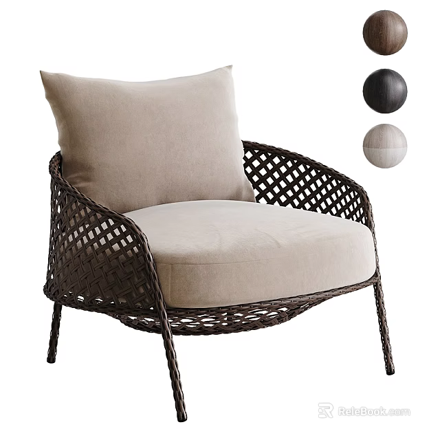 Rattan Woven Armchair with Beige Cushion Pillow and Black Beige Decorative Balls 3d model 