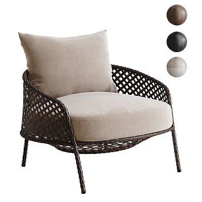 Rattan Woven Armchair with Beige Cushion Pillow and Black Beige Decorative Balls 3d model