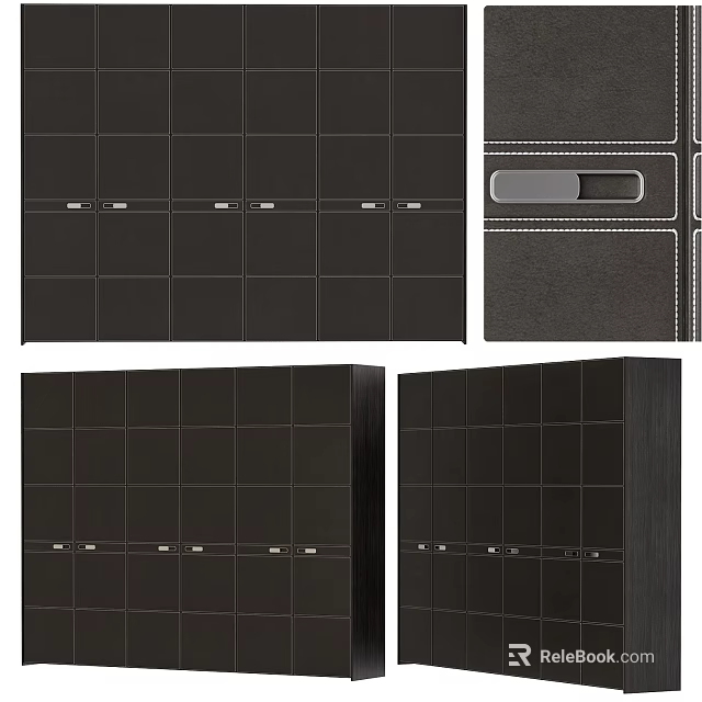 Modern Black Wardrobe With Grid Design And Multiple Storage Compartments 3d model 
