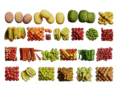 Assorted Fresh Fruits Collection Including Watermelon Banana Apple Grapes And Strawberries 3d model