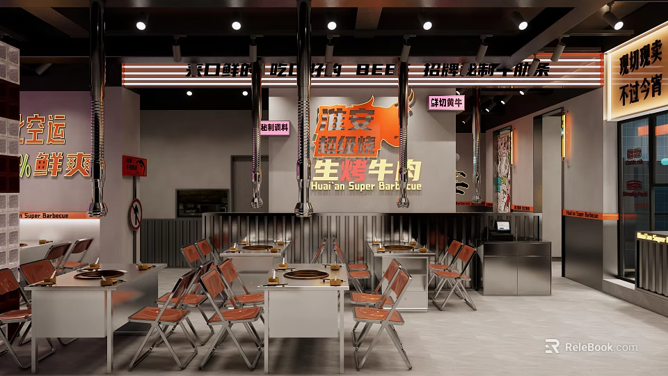 Modern Beef Restaurant Interior With Fresh Beef Tables Chairs And Open Layout 3d model
