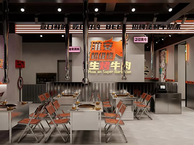 Modern Beef Restaurant Interior With Fresh Beef Tables Chairs And Open Layout 3d model