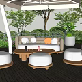 Modern Outdoor Sofa Set With Comfortable Cushions Round Ottomans And Wooden Coffee Table