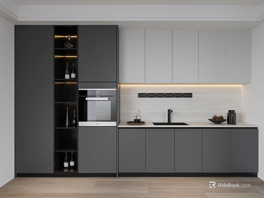 Modern Kitchen Wine Cabinet With Open Shelves And Gray Cabinet Storage Design 3d model 