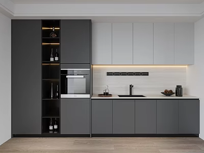 Modern Kitchen Wine Cabinet With Open Shelves And Gray Cabinet Storage Design 3d model