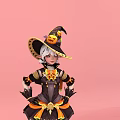 Woman dressed in Halloween witch costume with decorated hat and black dress against pink background