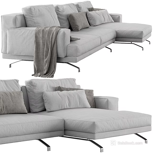Modern Light Gray Sectional Sofa with Throw Pillows Blanket and Metal Legs for Living Room 3d model 
