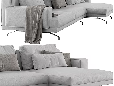 Modern Light Gray Sectional Sofa with Throw Pillows Blanket and Metal Legs for Living Room 3d model