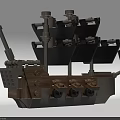 Building Blocks Ship Model with Wooden Hull Gray Bricks and Black Sails 3d model