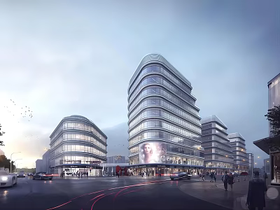 Modern Commercial Street With Glass Facade Buildings And Busy Pedestrian Traffic 3d model
