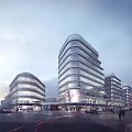 Modern Commercial Street With Glass Facade Buildings And Busy Pedestrian Traffic