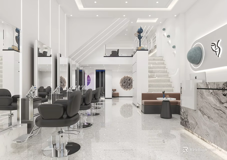 Modern White Beauty Salon Interior Design With Marble Mirrors Chairs And Staircase 3d model 