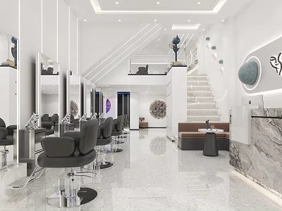 Modern White Beauty Salon Interior Design With Marble Mirrors Chairs And Staircase 3d model