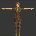 A Woman In Brown Dress And Brown Boots With Arms Outstretched Against Gray Background