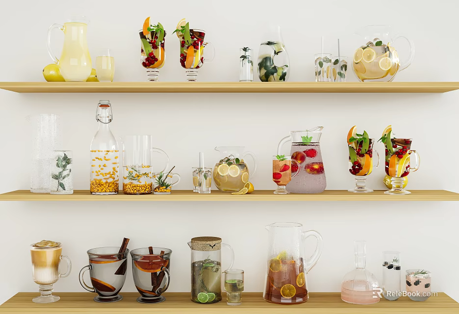 Assorted Refreshing Beverages in Glass Pitchers with Fruits Herbs and Spices Displayed on Wooden Shelves 3d model 