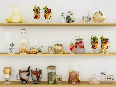 Assorted Refreshing Beverages in Glass Pitchers with Fruits Herbs and Spices Displayed on Wooden Shelves 3d model
