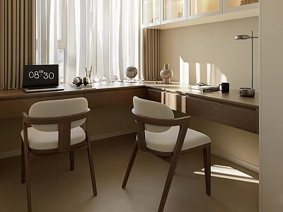 Modern Wooden Desk With Two White Chairs Sunlight Curtains Laptop Decor Items And Desk Lamp 3d model