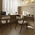 Modern Wooden Desk With Two White Chairs Sunlight Curtains Laptop Decor Items And Desk Lamp