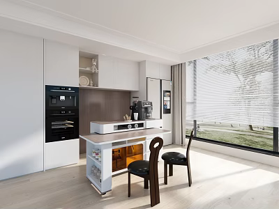 Modern Dining Table Island In Open Kitchen With White Cabinets Black Appliances And Large Windows 3d model