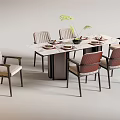 Modern Rectangular Dining Table Set With Six Different Colored Chairs And Tableware 3d model