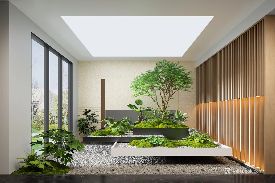 Modern Feature Wall Interior Design With Green Plants And Wooden Slats 3d model 