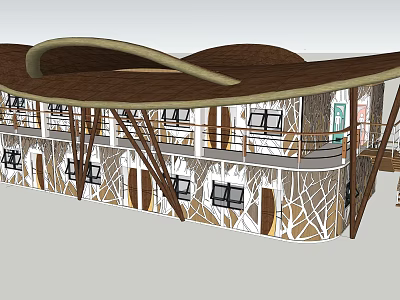 Multi Story Wooden Building With Curved Roof Design And Balcony Railings 3d model