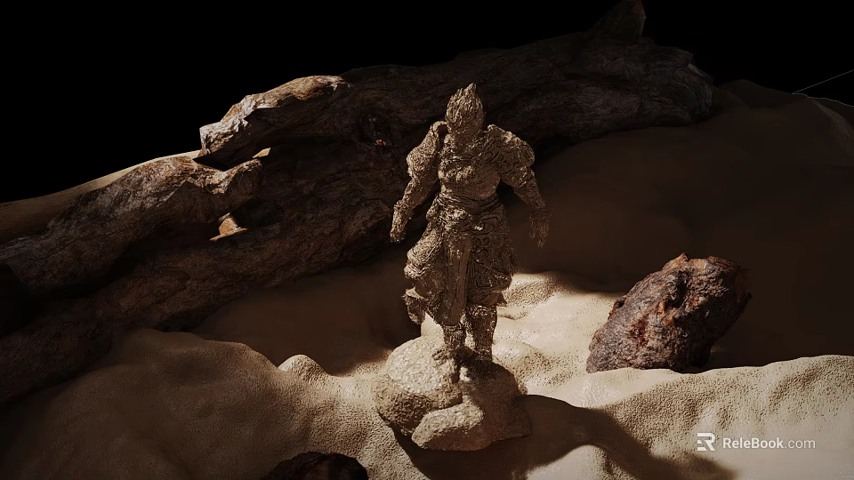 Natural Sand Landscape With Standing Armored Statue Large Driftwood And Rocks 3d model 