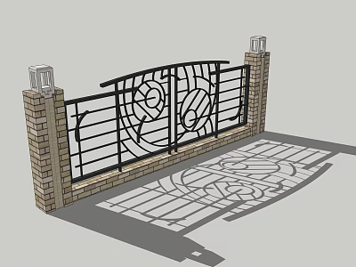 Building Exterior Wall With Brick Pillars Black Iron Gate And Decorative Iron Design Shadow 3d model