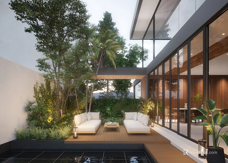 Modern Garden Landscape With Outdoor Sofas Wooden Deck Pool Lush Trees And Glass Wall Building 3d model 