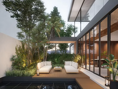 Modern Garden Landscape With Outdoor Sofas Wooden Deck Pool Lush Trees And Glass Wall Building 3d model