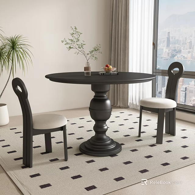 Round Black Dining Table Set with Two Chairs Light Colored Seats Vase Near Window View 3d model