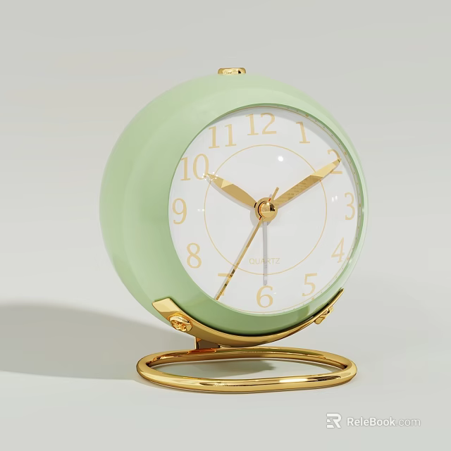 Round Light Green Alarm Clock With Gold Accents And Stand 3d model 