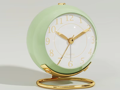 Round Light Green Alarm Clock With Gold Accents And Stand 3d model