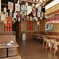 Traditional Japanese Restaurant Interior Design With Wooden Furniture Lanterns And Bar Counter