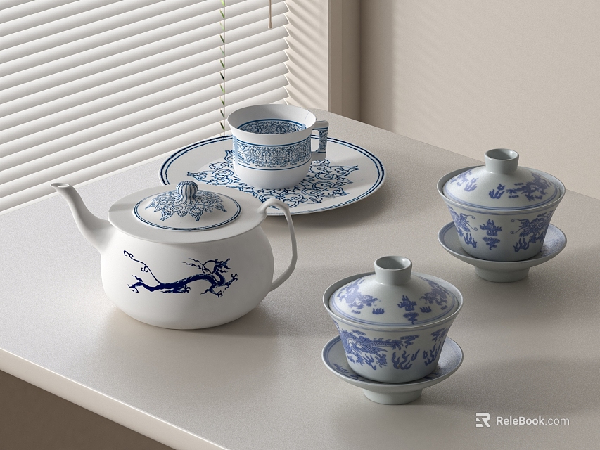 Blue and White Tea Set with Dragon Pattern Teapot Teacups Lidded Cups on White Table 3d model 