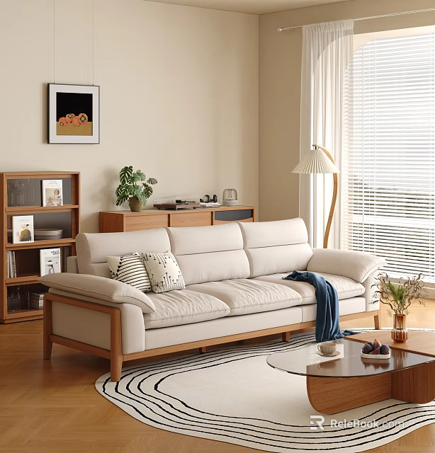 Beige Sofa with Cushions and Throw Blanket Coffee Table Set in Bright Living Room 3d model 