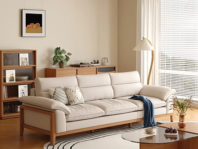 Beige Sofa with Cushions and Throw Blanket Coffee Table Set in Bright Living Room 3d model